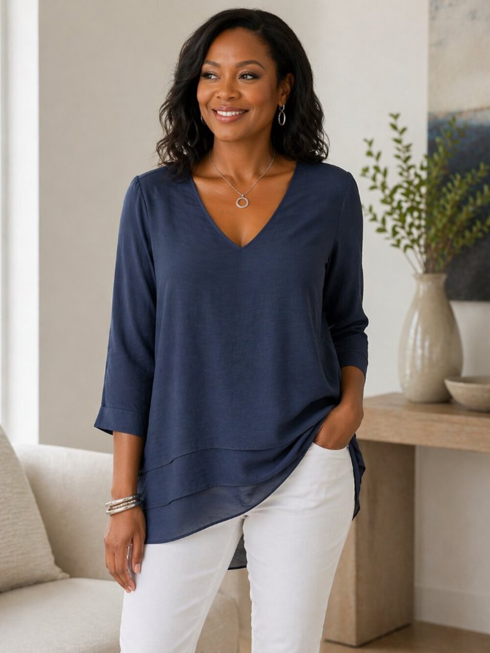 Chico's Deep Navy V-Neck Layered Tunic Top